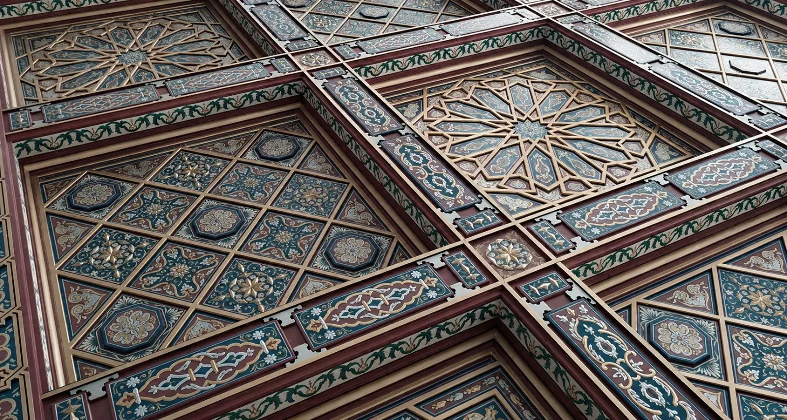 Detail of a hand-painted geometric wooden ceiling